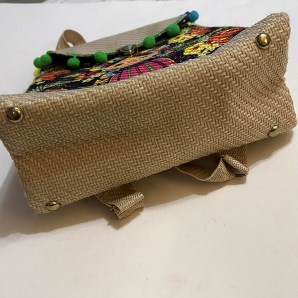 Mexican Maria Doll Backpack Straw Woven Bag Side Snaps Adjustable Straps - Picture 5 of 13